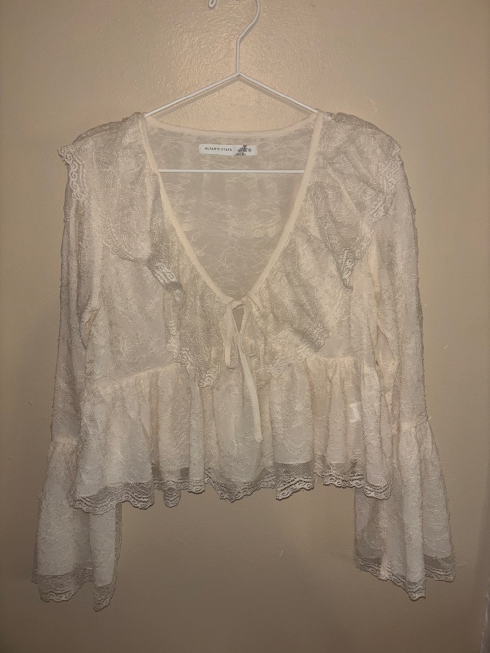 Altar'd State Ivory Lace Tie-Front Peplum Top